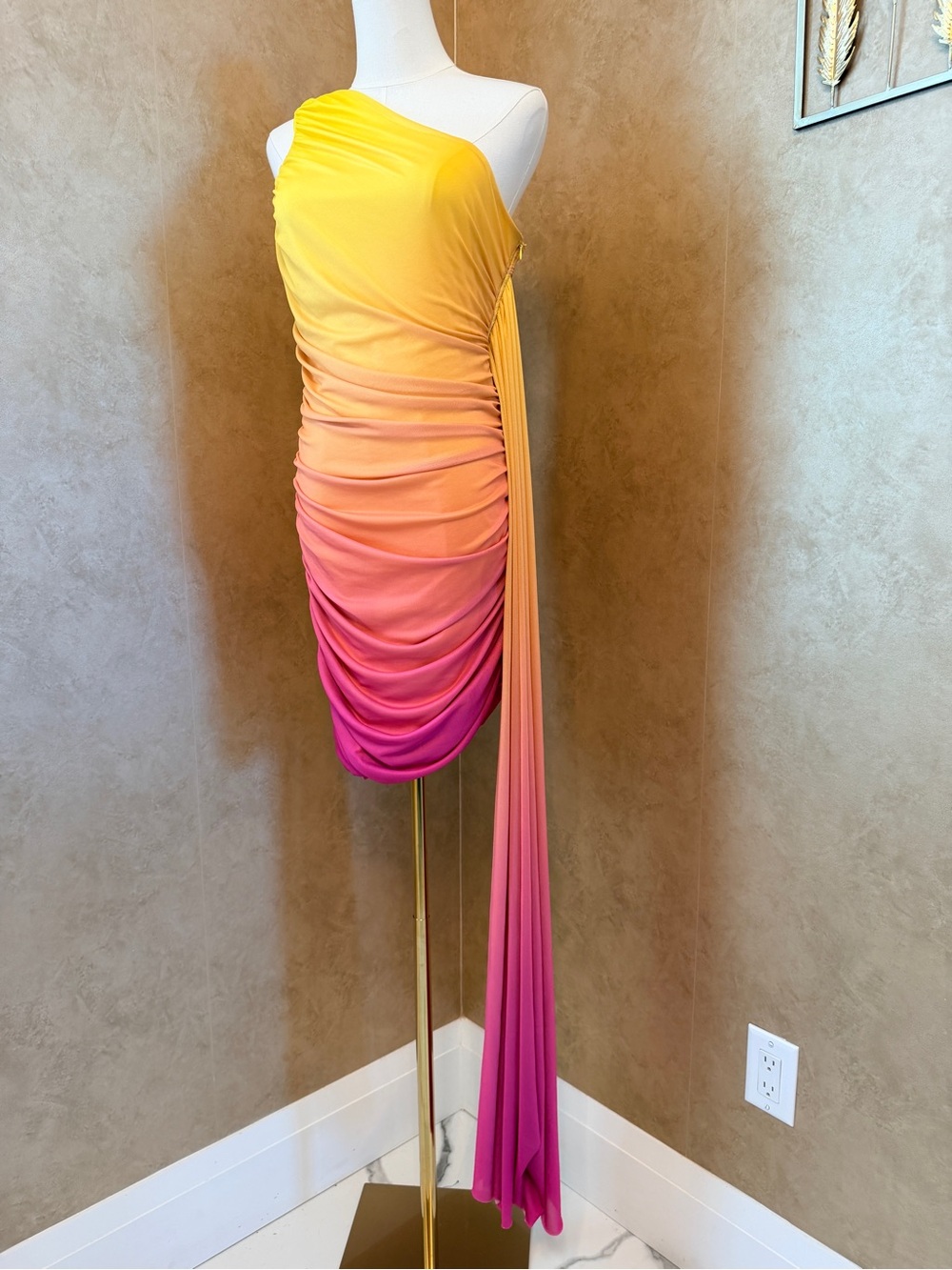 SHEIN Yellow to Pink Ombre One-Shoulder Ruched Mini Dress - Picture 2 of 7